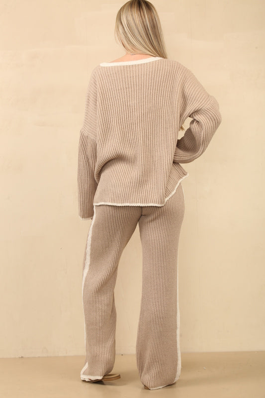 Ensemble de détente en tricot confortable et élégant avec pull à col en V et pantalon à jambes larges Ref-24608