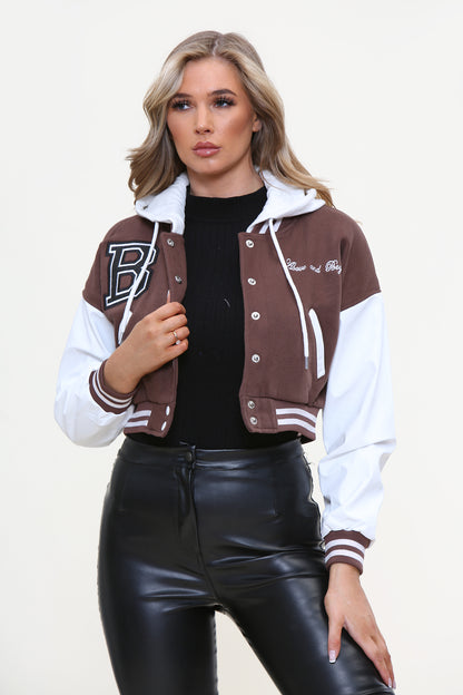 Veste varsity courte avec manche en pu, veste a capuche streetwear decontractee ref 1080