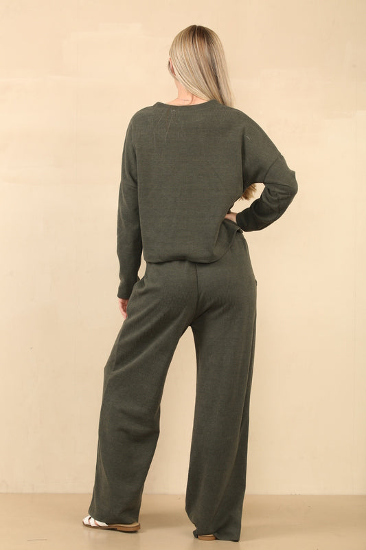 Ensemble élégant tissu texturé doux un haut coupe décontractée et un pantalon large à cordon de serrage assorti, parfait pour un style sans effort et un confort décontracté Ref-8953