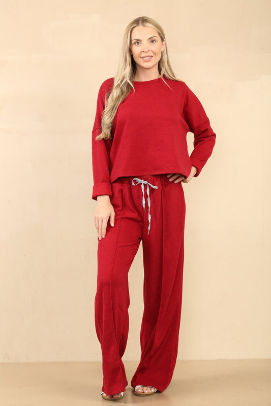 Ensemble élégant tissu texturé doux un haut coupe décontractée et un pantalon large à cordon de serrage assorti, parfait pour un style sans effort et un confort décontracté Ref-8953