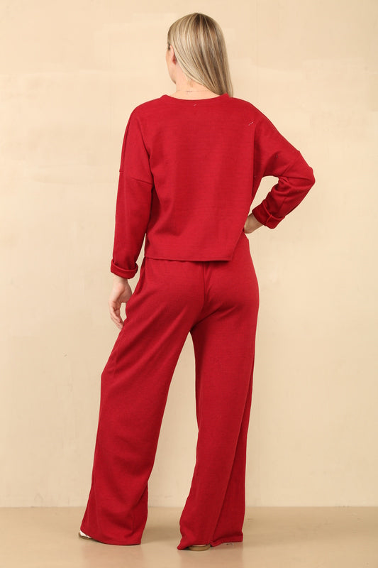 Ensemble élégant tissu texturé doux un haut coupe décontractée et un pantalon large à cordon de serrage assorti, parfait pour un style sans effort et un confort décontracté Ref-8953