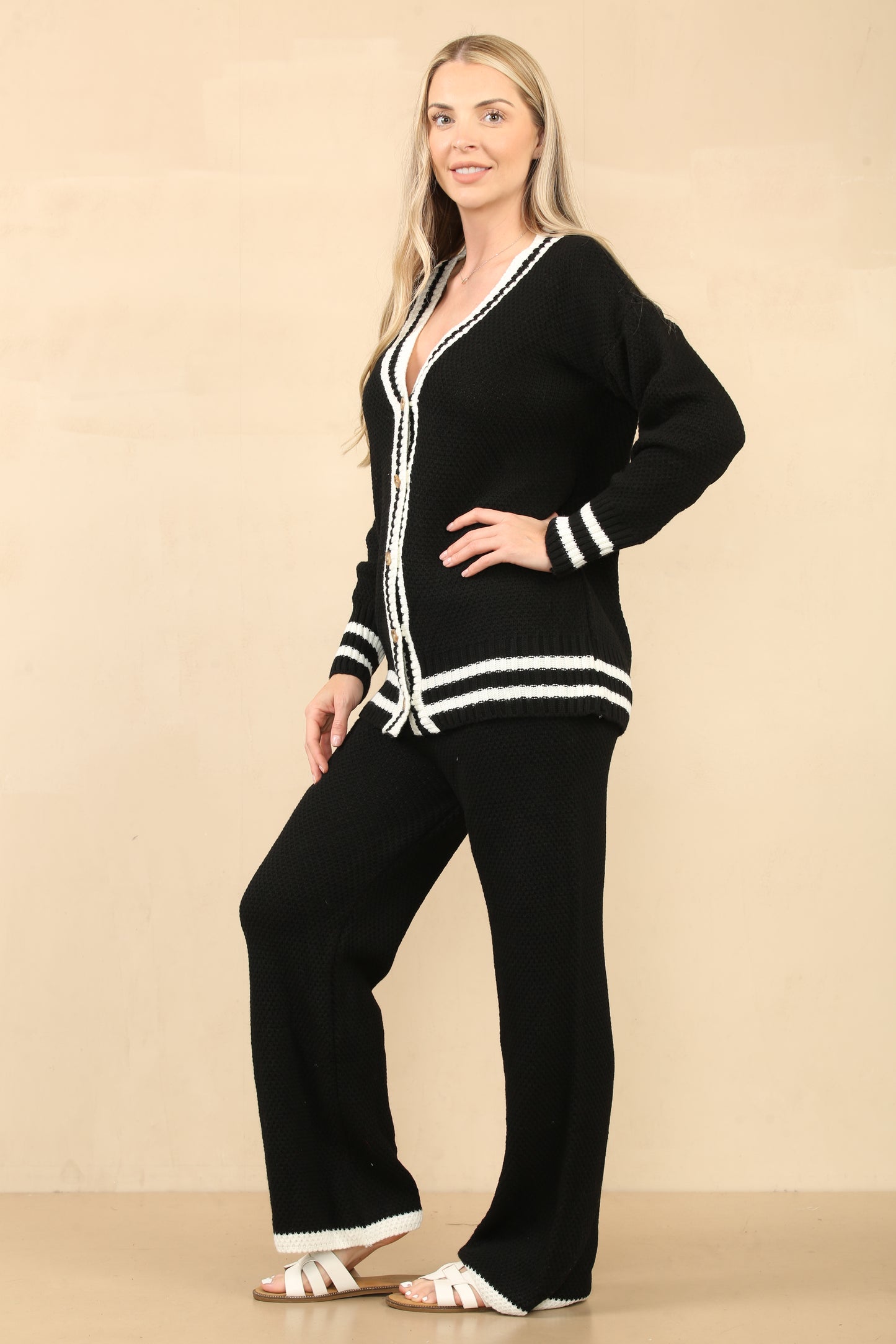 Ensemble 2 pièces laine veste boutonée avec pantalon bande contraste élegant ref 24368