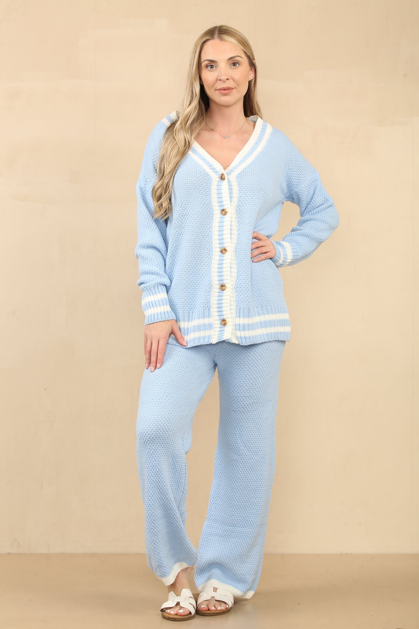 Ensemble 2 pièces laine veste boutonée avec pantalon bande contraste élegant ref 24368