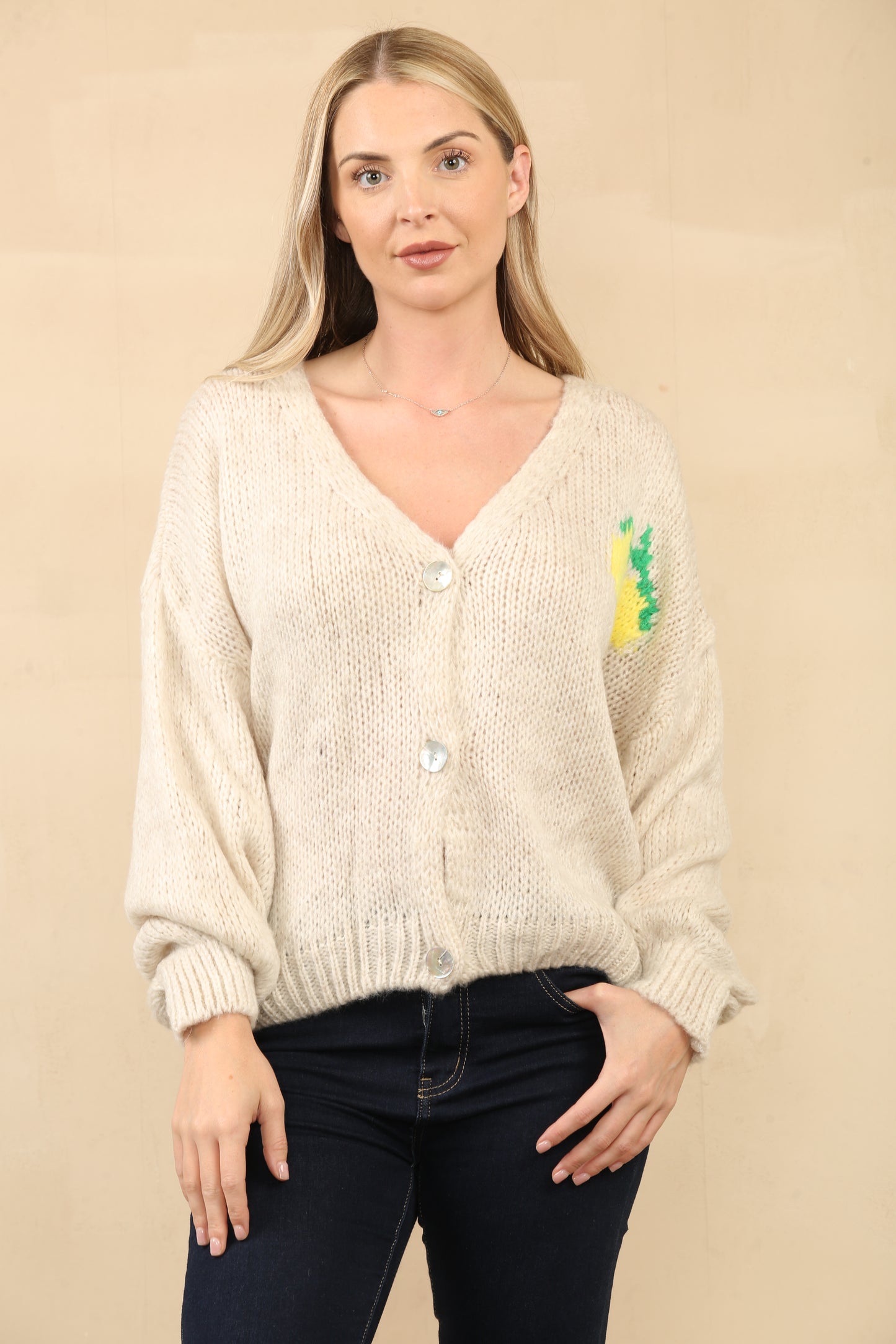 Cardigan boutonné en tricot avec motif graphique audacieux « Limoncello », avec motif citron jaune vif Ref-24568