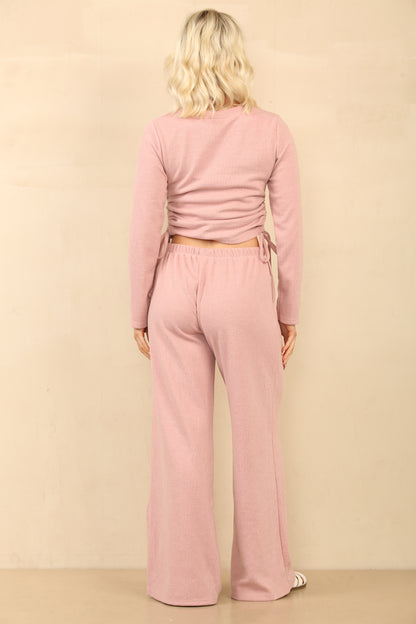 Ensemble crop top avec pantalon et noeud resserage cordon velours urbain ref-8956
