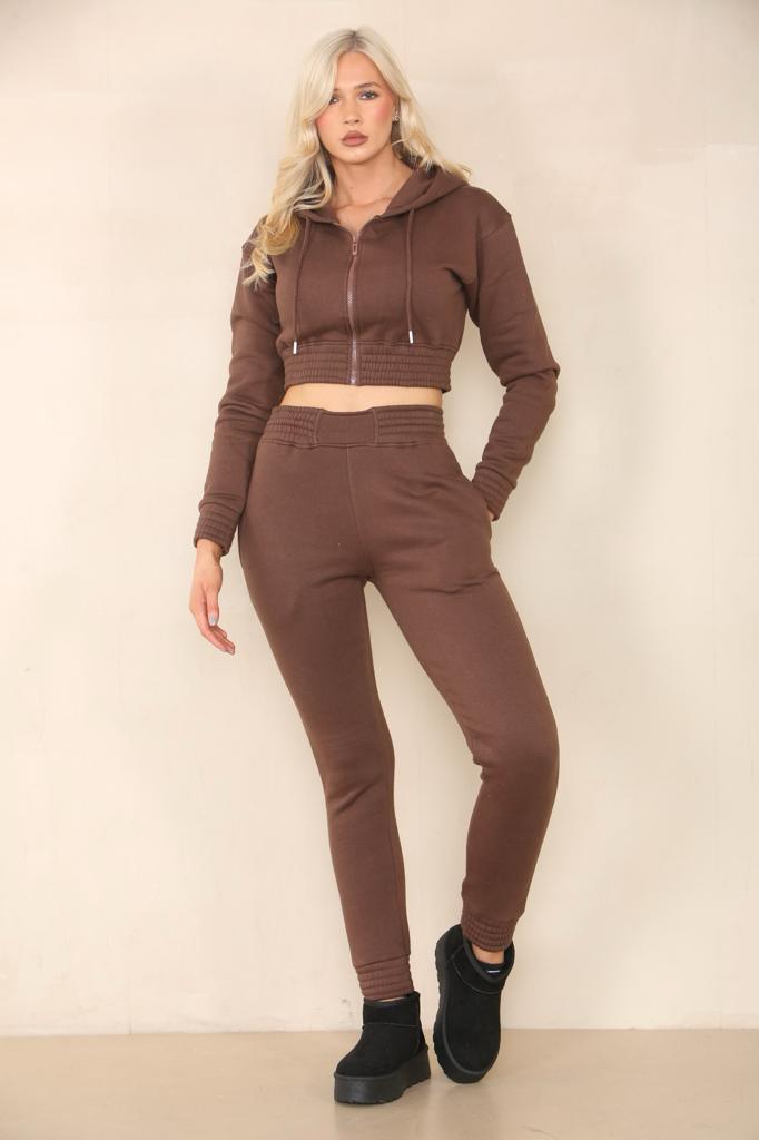 Sweat à capuche zippé court avec pantalon de jogging taille haute slim, ensemble de vêtements de détente deux pièces confortable pour un look décontracté élégant Ref-1735