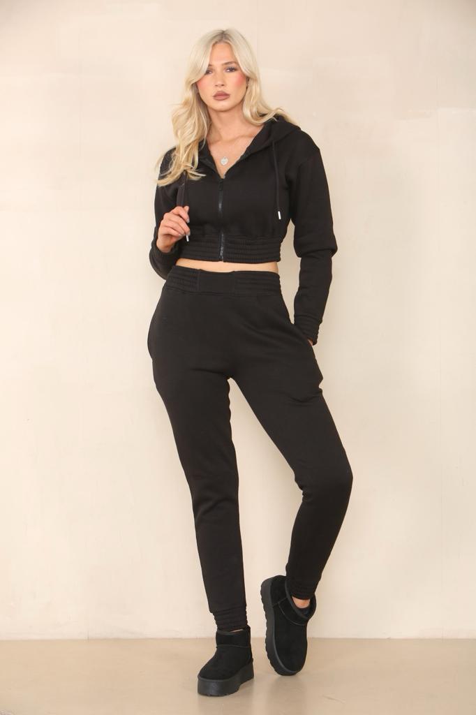 Sweat à capuche zippé court avec pantalon de jogging taille haute slim, ensemble de vêtements de détente deux pièces confortable pour un look décontracté élégant Ref-1735