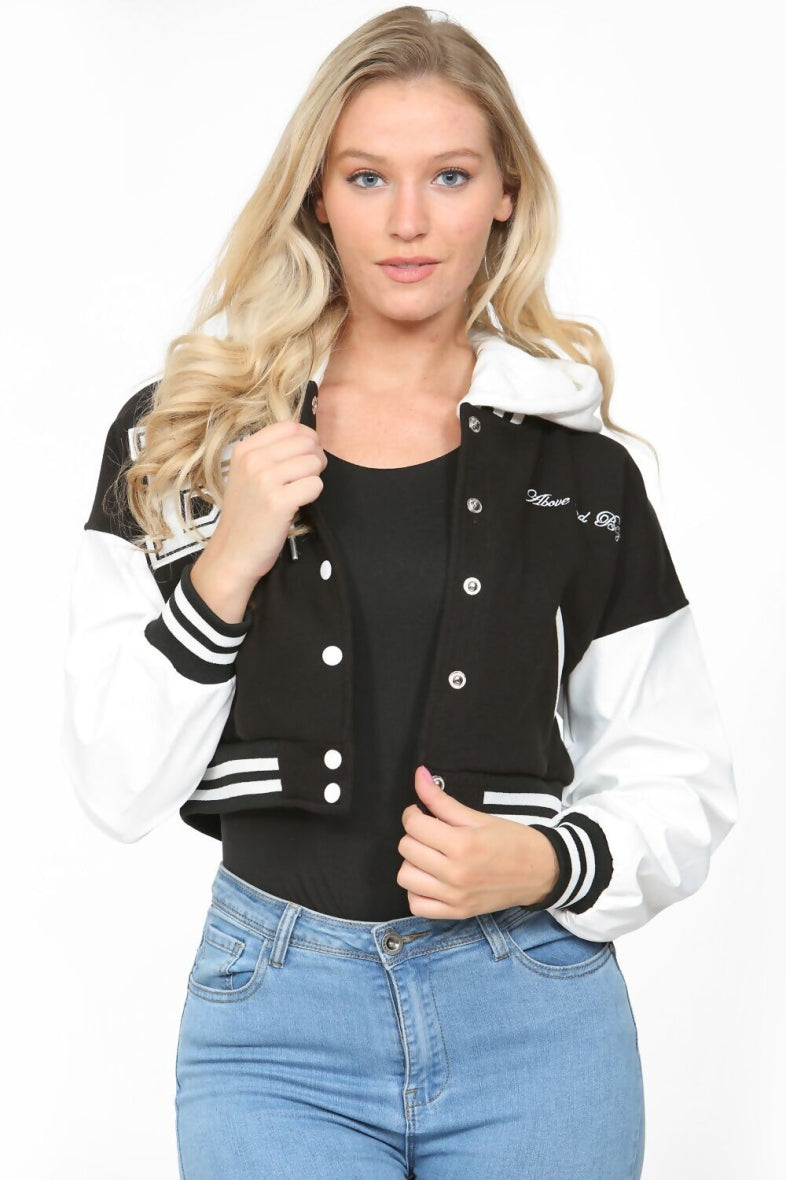 Veste varsity courte avec manche en pu, veste a capuche streetwear decontractee ref 1080