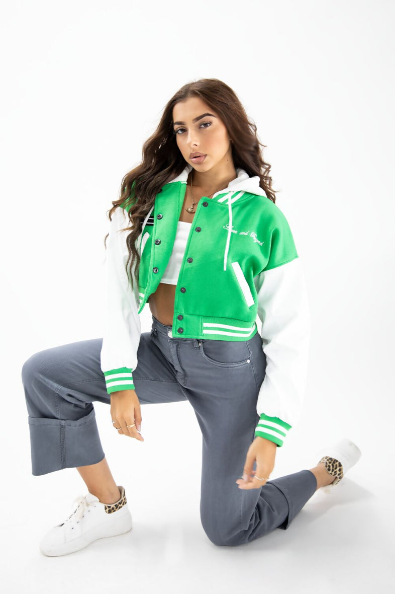 Veste varsity courte avec manche en pu, veste a capuche streetwear decontractee ref 1080